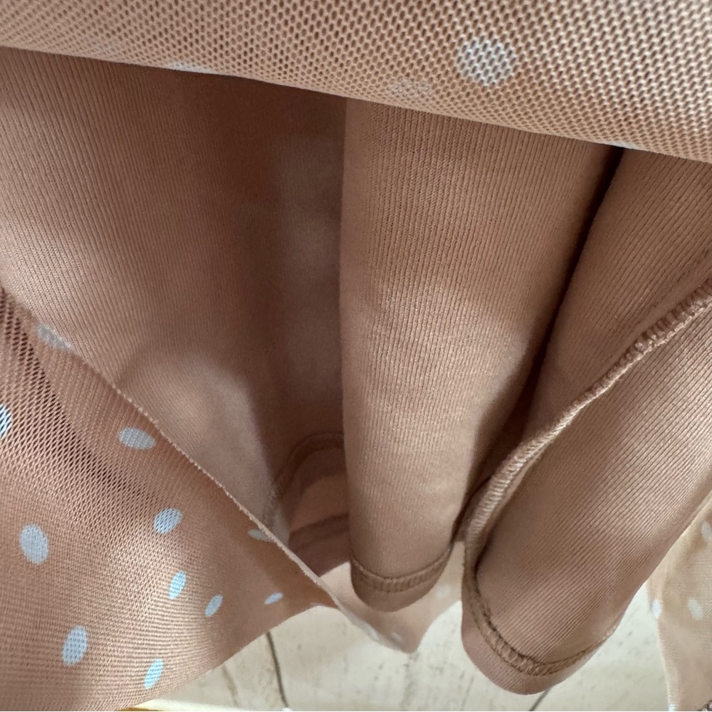 Zara Strapless Polka Dot Midi Dress Nude Beige Ruched Bodycon XL Neutral Classy - Picture 7 of 15